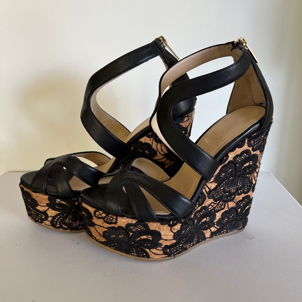 Jimmy Choo Black Leather Parrow Lace Wedge Platform Sandals Size 36.5